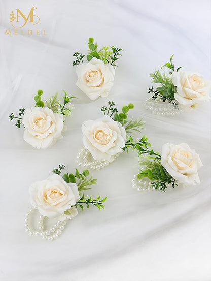 Meldel Wrist Corsage for Wedding(Set of 6),Artificial Champagne Rose Eucalyptus Pearls Wristband Corsages for Bride Bridesmaids Wedding, Women Mother Wrist Flower for Prom Party Anniversary Decor