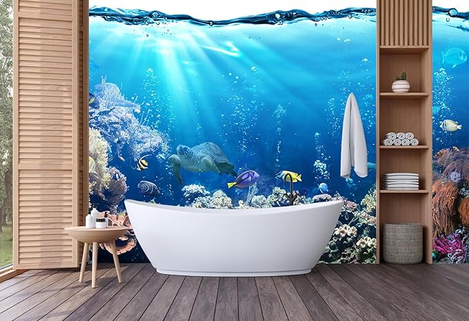Blue Ocean Wallpaper Peel and Stick Underwater Animal World Self Adhesive Wall Mural for Kids Room Nursery 82"x57"