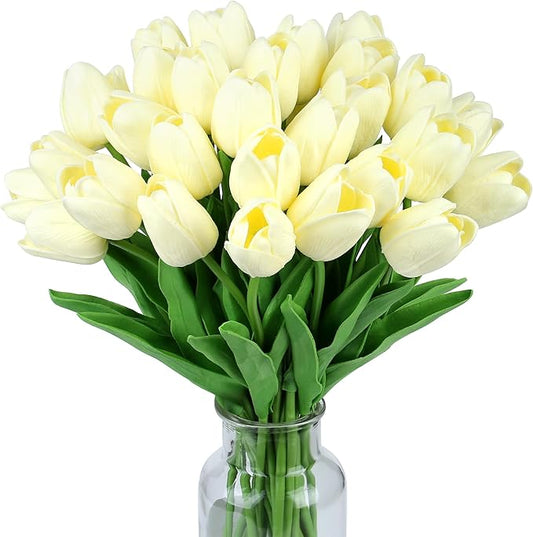 SITUMEIZI 15pcs Fake Tulips Artificial Flowers Real Touch Beige 14" Silk Flower for Home Kitchen Decor Spring Easter Wedding Bouquet Decorations Office Floral Arrangements