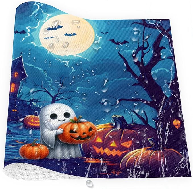 Halloween Cute Ghosts Pumpkin Placemats Set of 1 PVC Vinyl Non Slip Table Mats Heat Resistant Place Mats Washable Wipeable Dining Table Mat for Kitchen Decor Party Indoor Outdoor Decorative Gift