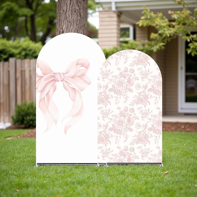 2Pcs Toile de Jouy Pink Bow and Floral Arch Backdrop Covers, Romantic French Style Spandex Arch Covers for Baby Shower, Girl Birthday, Wedding Party Decorations (5ft,4ft)