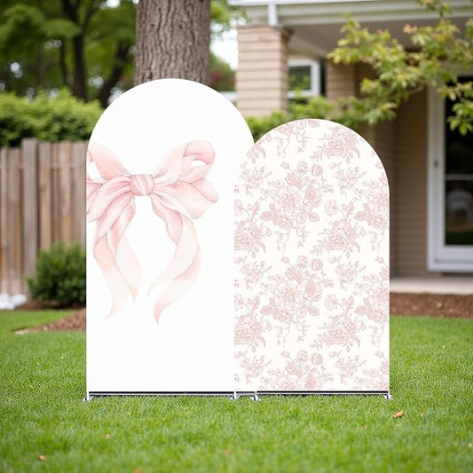 2Pcs Toile de Jouy Pink Bow and Floral Arch Backdrop Covers, Romantic French Style Spandex Arch Covers for Baby Shower, Girl Birthday, Wedding Party Decorations (7.2ft,6.6ft)