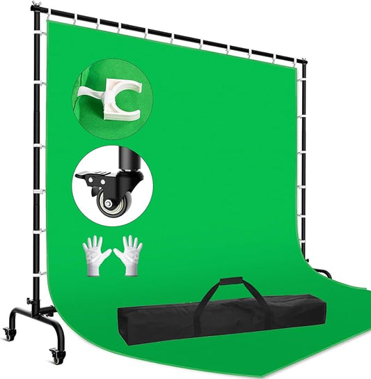 7x10ft Green Screen Backdrop Kit with Stand, 9.5x9.5ft Large Greenscreen Background Movable Backdrop Stand with Wheels for Streaming, Photography, Video Recording