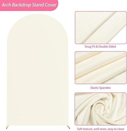 Putros 7.2ft Metal Arch Stand with Cover Ivory Spandex Fitted Wedding Arch Cover and Round Top Chiara Backdrop Stand Set for Birthday Party Baby Shower Decoration