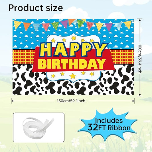 3x5ft Cartoon Cowboy Birthday Backdrop, Happy Birthday Decoration Background, Cute Cartoon Theme Party Supplies Outdoor Indoor Photo Banner