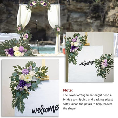 Purple White Wedding Arch Flowers, Faux Flower Swag Set of 2, Purple Floral Swag for Wedding Arch Welcome Signs, Reception Ceremony Signs Decor
