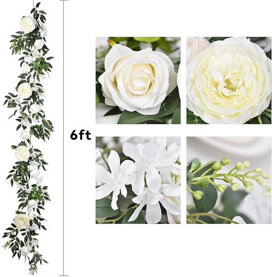 Lvydec 2 Pack Artificial Peony Flower Garland - 6ft Silk Peony Vine Willow Leaves Garland White Arch Flower Vine for Wedding Party Table Decoration (White)