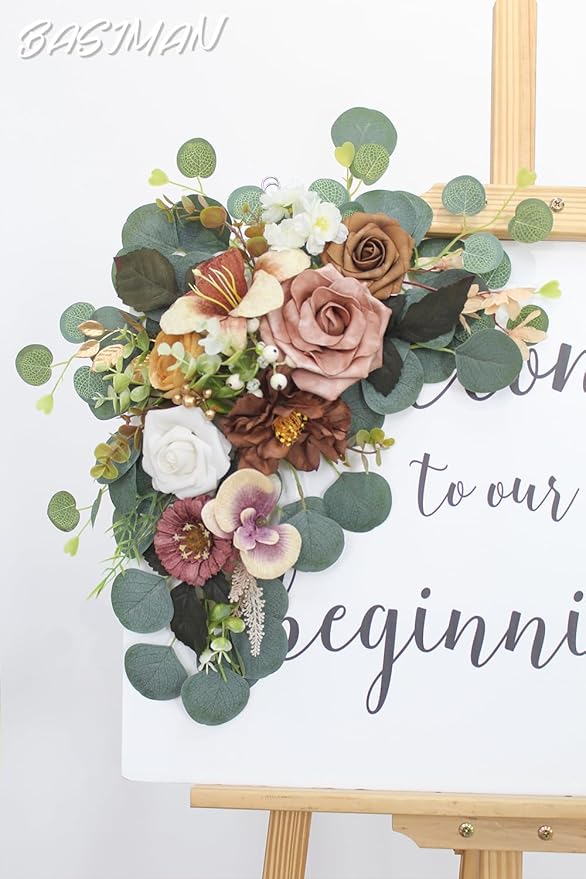 2pcs Artificial Flowers Wedding Arch Decor, Wedding Welcome Sign,Foam Flower Welcome Sign for Reception Backdrop, Table Decorations, Dried Flowers(Dark Coffee)