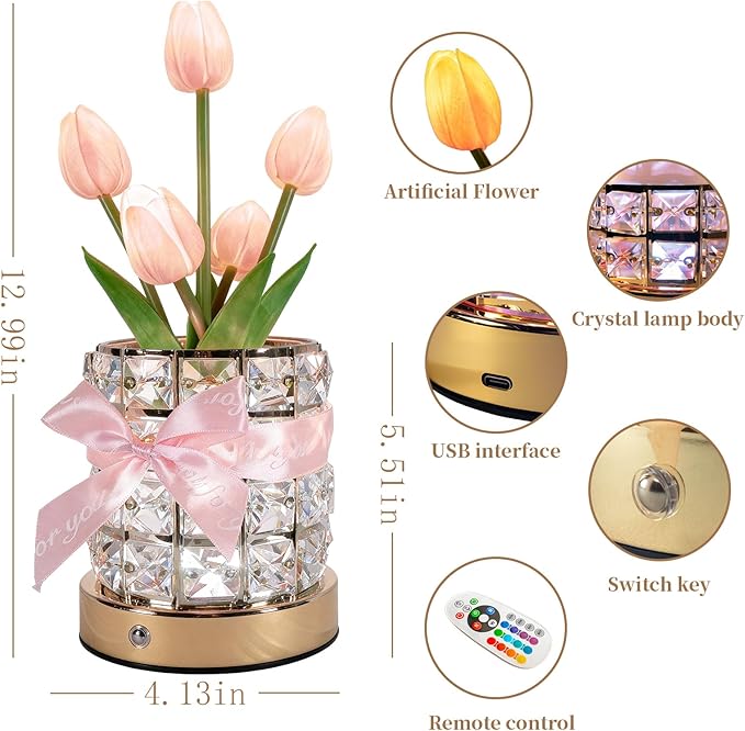Magic Blooms for Every Moment USB Rechargeable Remote-Controlled Tulip Crystal Lamp, 12 Color Changing, 4 Flash Modes, Perfect for Home Decor, Gifts for Mom, Wife, Girlfriend, and Sister