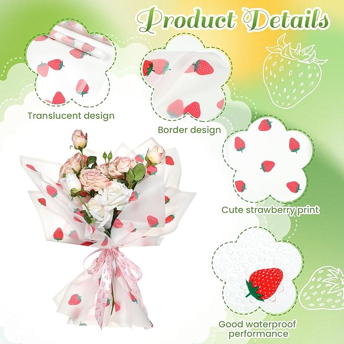 Liobelon 20 Sheets Flower Wrapping Paper Waterproof Bouquet Paper with Strawberry Pattern White Gift Wrapping Paper for Flower Shop, Wedding, Birthday Party, Handmade DIY, Anniversary 22.8 x 22.8Inch