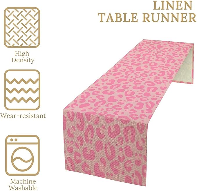 Pink Leopard Print Table Runner, Vintage Animal Skin Farmhouse Cottage Country Western Wildlife Safari Dinner Runner for Kitchen Dining Table Party Holiday Decor 13x108in
