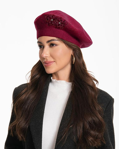 Flower Embroidery Beret Hat for Women, French Style Knitted Beret Hats, Stylish Solid Color Beret Cap for Women Girls Lady