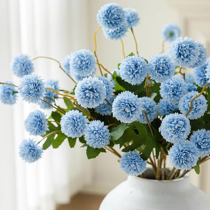 mizii 6Pcs Blue Fake Silk Pompon Mum Artificial Flowers Bulk Small Faux Chrysanthemums with Stems Realistic Floral Decorations for Wedding DIY Bouquet Centerpieces Shower Vase Home Decor (Light Blue)