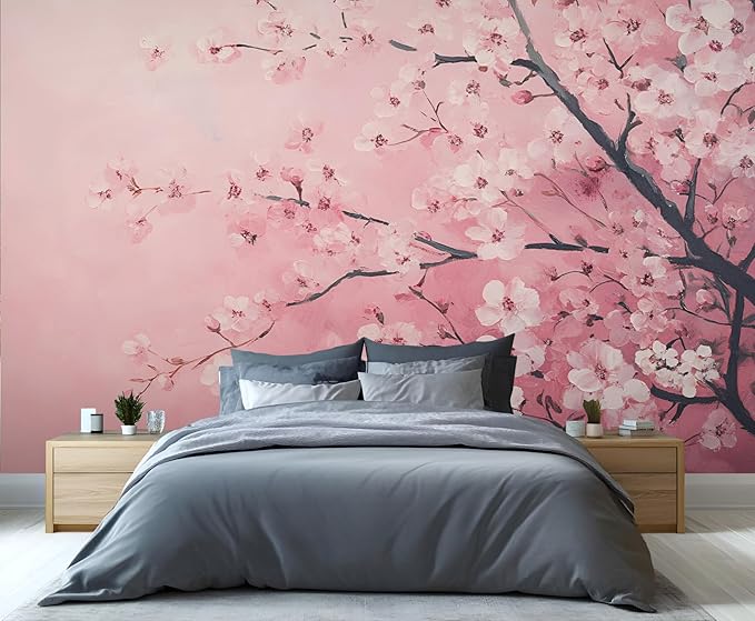 Pink Cherry Blossom Wall Mural, Romantic Cherry Blossom 3D Wall Murals, Japanese Flower Wallpaper Mural, for Living Room Bedroom Large Wallpaper Indoor Decor 118" W x 82.6 "H