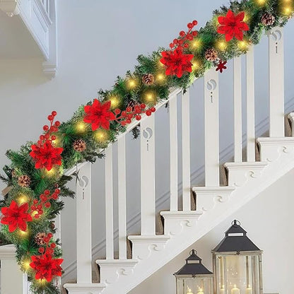 24 Pcs Red Boxed Christmas Poinsettia Flowers Set, 16 Pcs Artificial Poinsettias with Clips, 8 pcs Glitter Christmas Tree Ornaments Berry Stems for Wedding Home Holiday Xmas New Year Decorations