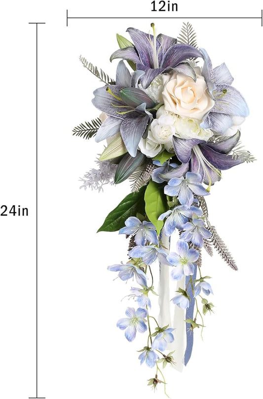 Bridal Bouquet,12 Inch Cascading Wedding Bouquets Bride Bouquets for Wedding Ceremony and Anniversary(Blue)