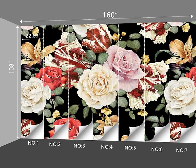 Black Rose Floral Wallpaper Botanical Flowers Leaf Bedroom murals Aesthetic Room Decor Living Room tv Background Large Wall Mural - 160"x108" Not Peel and Stick