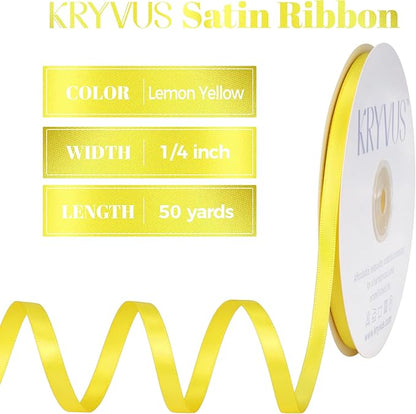 Lemon Yellow Satin Ribbon, Double Faced 1/4 Inch X 50 Yards Lemon Yellow Ribbon, Premium Satin Ribbon for Gift Wrapping, Crafts, Hair Bow Making, Sewing, Flower Bouquet, Wedding Party Decor