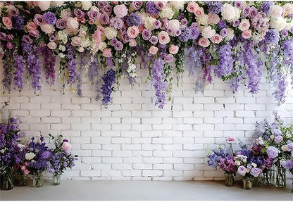 Baocicco Purple Floral Wall Backdrops 10x8ft Flowers White Brick Wall Backdrops for Photoshoot Valentine Day Decorations Anniversary Wedding Banner Supplies Birthday Baby Shower Photo Props