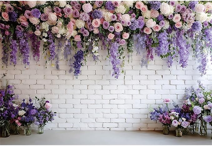 Baocicco Purple Floral Wall Backdrops 12x10ft Flowers White Brick Wall Backdrops for Photoshoot Valentine Day Decorations Anniversary Wedding Banner Supplies Birthday Baby Shower Photo Props