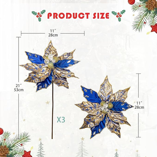 Hollyone 3PCS Poinsettia Christmas Flowers Artificial 11" Large Blue and Gold Glitter Poinsettia Flowers Christmas Tree Ornaments Floral Picks for Tree Wreath Garland Vase Table Centerpiece Home Decor