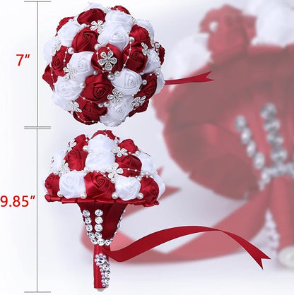Handmade Wedding Flowers Bridal Bouquets Crystal Bride Holding Bouquet White Ivory Satin Roses with Diamond Pearl Ribbon.(WineRed)