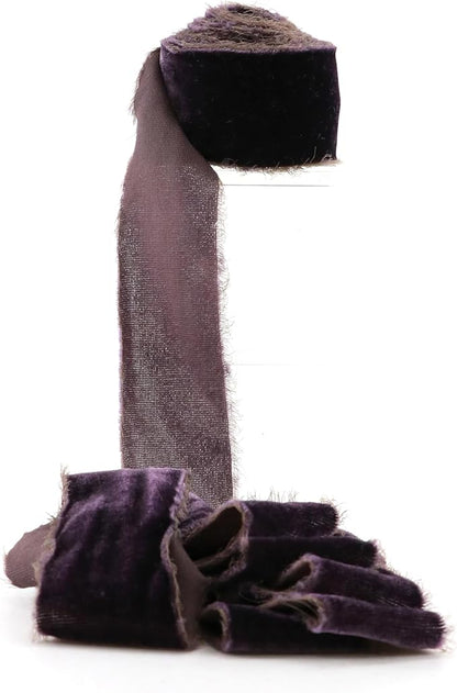 Plum Velvet Ribbon 1.5 Inch Frayed Silk Velvet Rustic Mauve Purple Christmas Ribbon for Gift Wrapping, Wedding Invitation Bridal Bouquet -3yards