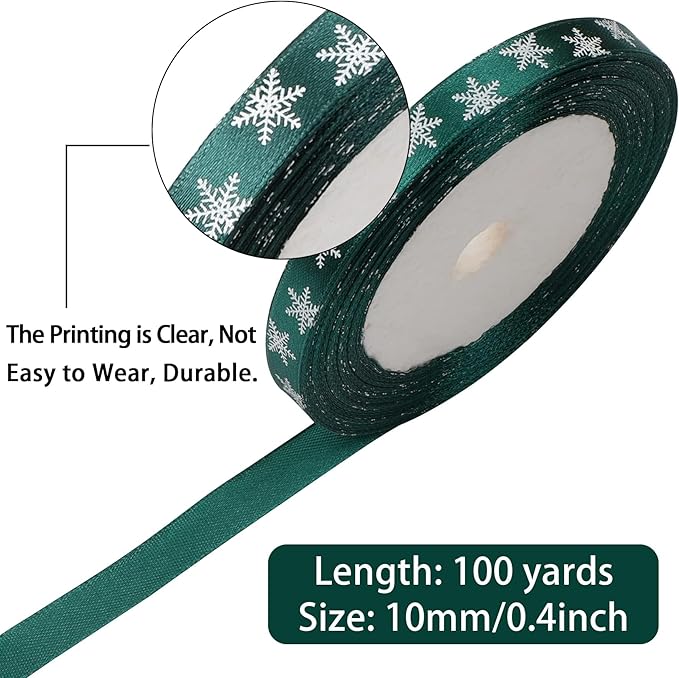 4 Rolls 100 Yards Christmas Snowflake Ribbons for Gift Wrapping, 10mm Wide Red and Green Satin Ribbon for Festival Holiday Party Decorations DIY Crafts