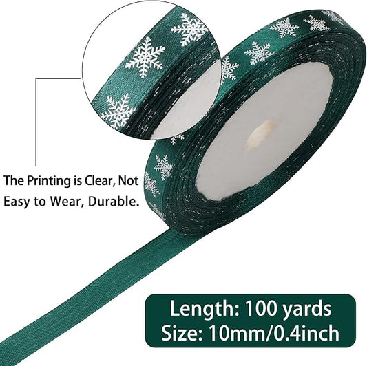 4 Rolls 100 Yards Christmas Snowflake Ribbons for Gift Wrapping, 10mm Wide Red and Green Satin Ribbon for Festival Holiday Party Decorations DIY Crafts