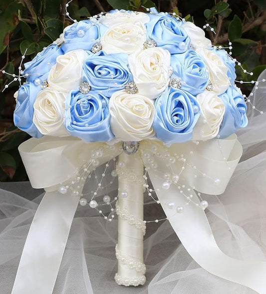 Bridal Wedding Bouquet Round Bling Brooch Bouquet Throw Toss Artificial Rose Flower Bunch for Bride Bridesmaid Wedding Quinceanera(Light Blue & Ivory, 6.3")