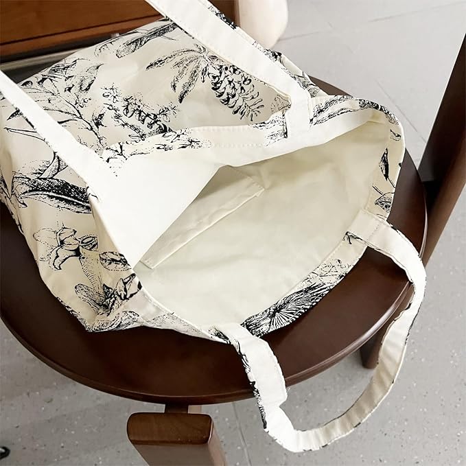 Cotton Canvas Tote Bag Reusable Soft Grocery Cloth Bag Floral Shoulder Bag for Beach Travel Shopping