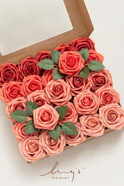 Ling's moment Artificial Flowers 25Pcs 3" Roses in Coral Dusty Cedar Shades, Realistic DIY Foam Floral Decor for Wedding Bouquets/Centerpieces, Outdoor Party Backdrops, Room/Table, Shower Decorations