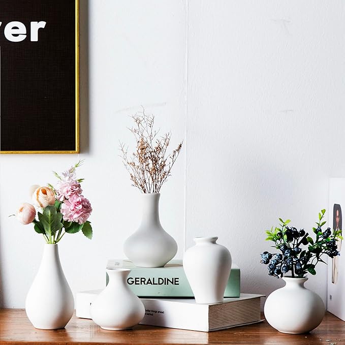 White Ceramic Bud Vase Set of 5, Small Vase for Modern Home Decor, Mini Pottery Vases, Boho Decorative Vase for Living Room Fireplace, Centerpiece Table Decorations
