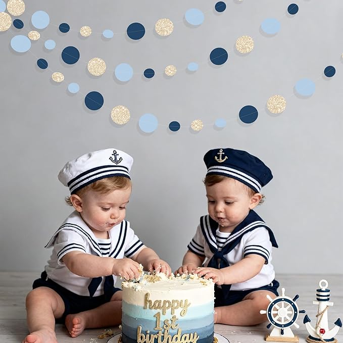 Navy Blue Champagne Gold Polka Dots Garland Hanging Paper Circle Dot Streamer for Birthday Baby Shower Wedding Graduation Engagement Bridal Shower Bachelorette Retirement Party Decorations Supplies