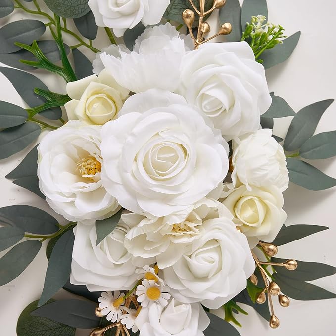 Wedding Arch Flowers, 2 Pack Floral Swag for Wedding Welcome Sign Decorations, Artificial White Roses Greenery Garland for Ceremony and Reception Backdrop Decor