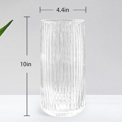 Muyan 9.8" Flower Vase for Decor Ribbed Glass Vase Modern for Centerpieces Desktop Home Office Dining Living Room Wedding (Clear)