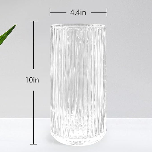 Muyan 9.8" Flower Vase for Decor Ribbed Glass Vase Modern for Centerpieces Desktop Home Office Dining Living Room Wedding (Clear)