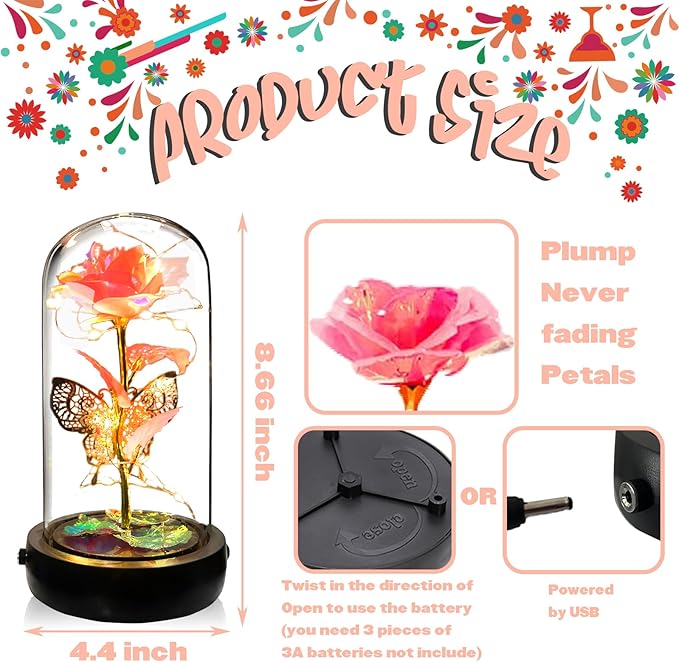 Birthday Rose Flower Gifts for Women, Glass Flower Gift for Mom from Daughter Son, Rose Gold Light Up Rose in Glass Dome with Music Box for Her Wife Grandma