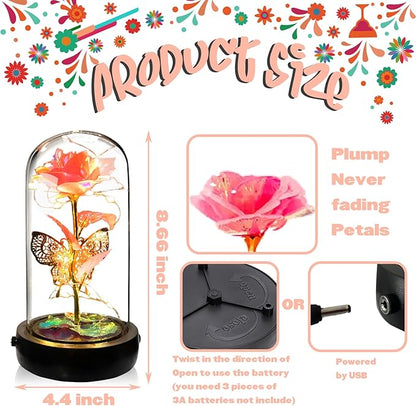 Birthday Rose Flower Gifts for Women, Glass Flower Gift for Mom from Daughter Son, Rose Gold Light Up Rose in Glass Dome with Music Box for Her Wife Grandma
