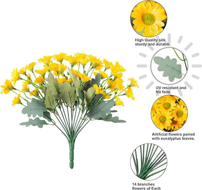 Daisy Artificial Flowers for Outdoors Fall Autumn Decoration, 6 Bundles Fake Mums Yellow Silk Flowers for Outside Look Real UV Resistant Faux Flowers Plants for Planter Front Door Home Indoor Porch