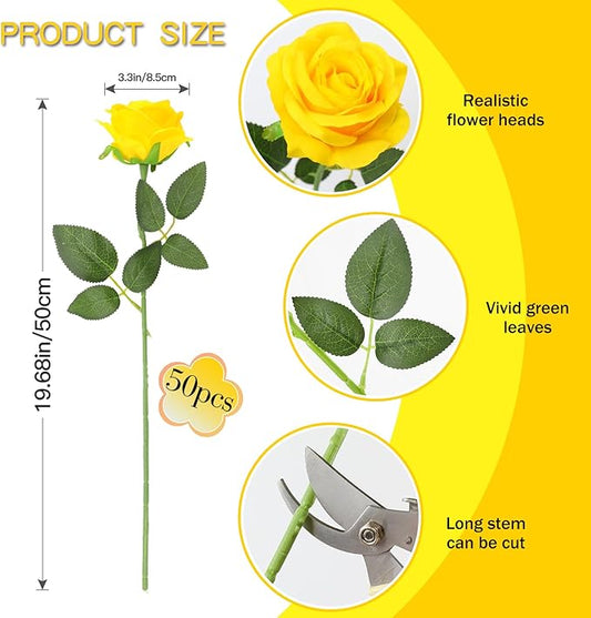 50PCS Artificial Silk Roses in Bulk & Bouquet Long Stem – Realistic Fake Roses for Wedding Centerpieces, Home Decor, Floral Arrangements, Party Decoration (Yellow)