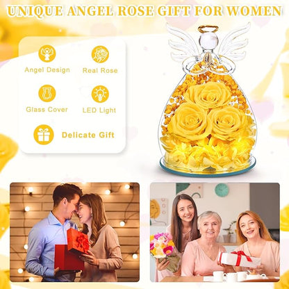 Beferr Christmas Birthday Gifts for Women, Mom Gifts for Christmas Fresh Flowers for Delivery Prime Forever Preserved Rose in Glass Angel Figurine Xmas Gifts for Grandma Wife Sister Her, Yellow