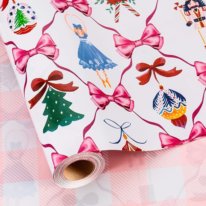 MAYPLUSS Christmas Wrapping Paper Roll - 17IN X 33FT - White Nutcracker Wrap Paper Featuring Christmas Tree Bell Bow Holly Candy Cane Reversible Plaid for Girl, Holiday, New Year