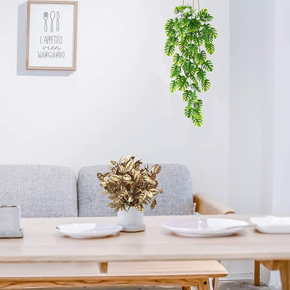 PASYOU Golden Fake Plants, Artificial Leaves Decoration for Christmas Flowers Grass Plastic Faux DIY Crafts Indoor Outdoor Home Garden Party Room Bedroom Wedding Table Centerpiece Decor, Gold 4 Pack