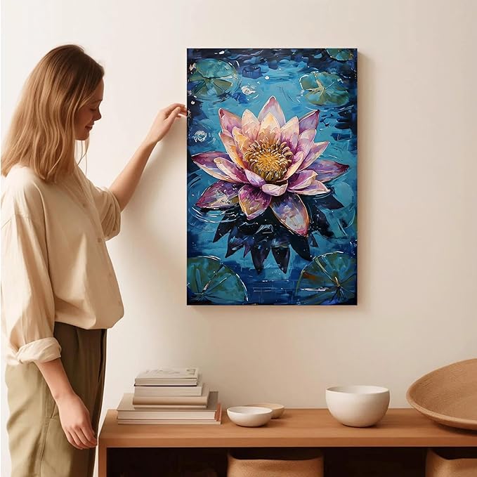 Gorgeous pink and purple water lilies on deep blue water Eye-catching oil painting Serene aquatic wall art for modern home decor 24x36in Frameless
