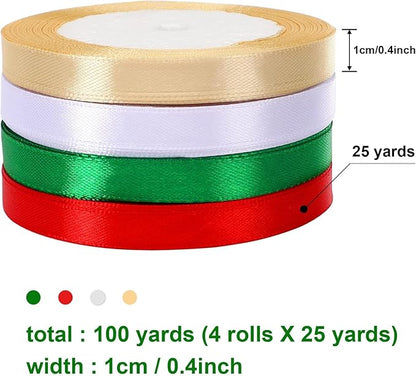 DECYOOL 4 Rolls 100 Yards Christmas Ribbons 10mm Wide Holiday Satin Ribbons Fabric for Gift Wrapping and DIY Craft, Red & Green & Gold &White