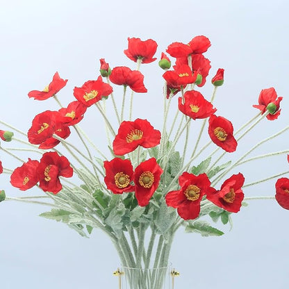 2 Pcs Artificial Fake Flowers Plants Poppies Silk Flower Arrangements Wedding Bouquets Decorations Plastic Floral Table Centerpieces for Home Kitchen Garden Party Decor Approx 23.6" High - Red