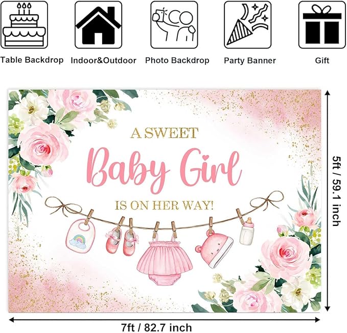 Sensfun Cute Clothes Baby Shower Backdrop A Sweet Baby Girl is On Her Way Banner Watercolor Pink Floral Sweet Little Girl Baby Shower Party Decorations Banner Supplies Photo Booth Props 7x5ft