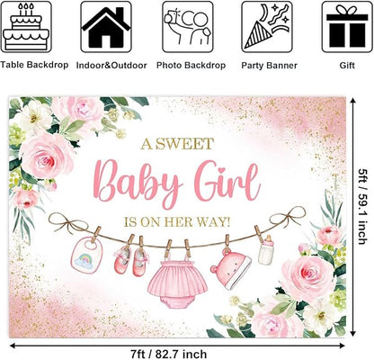 Sensfun Cute Clothes Baby Shower Backdrop A Sweet Baby Girl is On Her Way Banner Watercolor Pink Floral Sweet Little Girl Baby Shower Party Decorations Banner Supplies Photo Booth Props 7x5ft