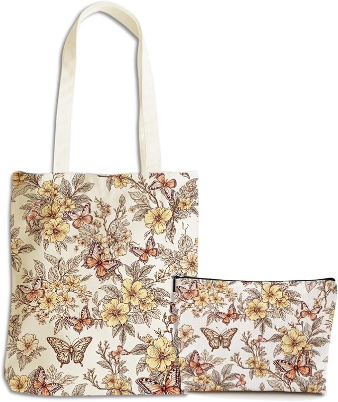 Flower Plant Lover Gifts for Women Canvas Tote Bag with Makeup Bag Cosmetic Bags Grocery Bags for Shopping Christmas